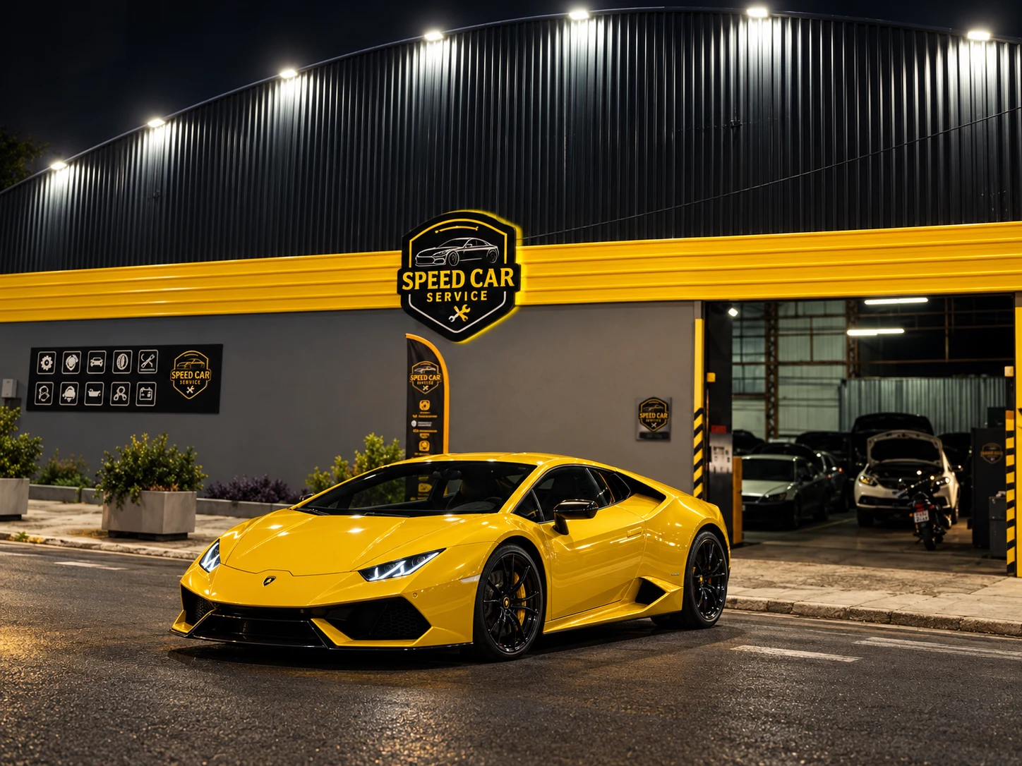 Ilustração gerada por IA da fachada Speed Car Service com uma Lamborghini amarela à frente